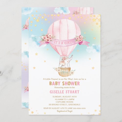 Elephant Hot Air Balloon Baby Shower Girl Invitation