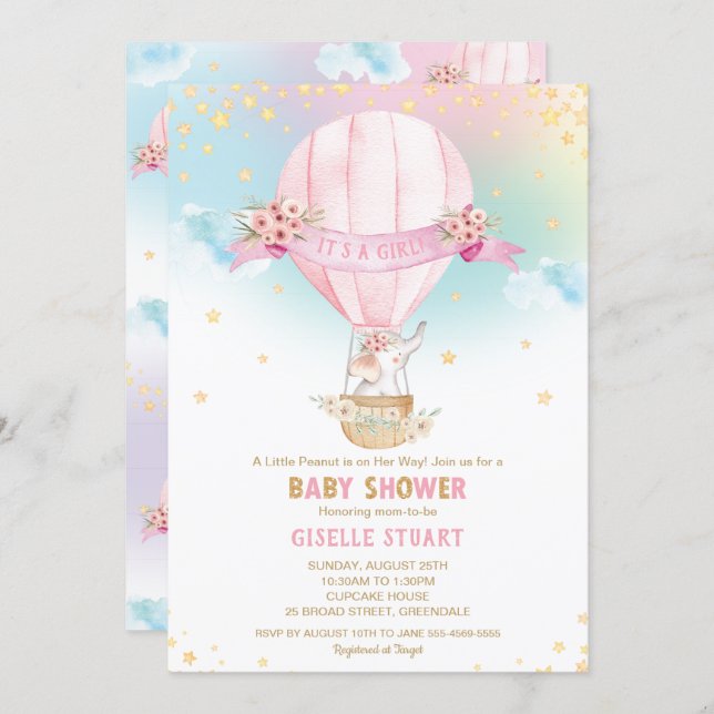 Elephant Hot Air Balloon Baby Shower Girl Invitation (Front/Back)