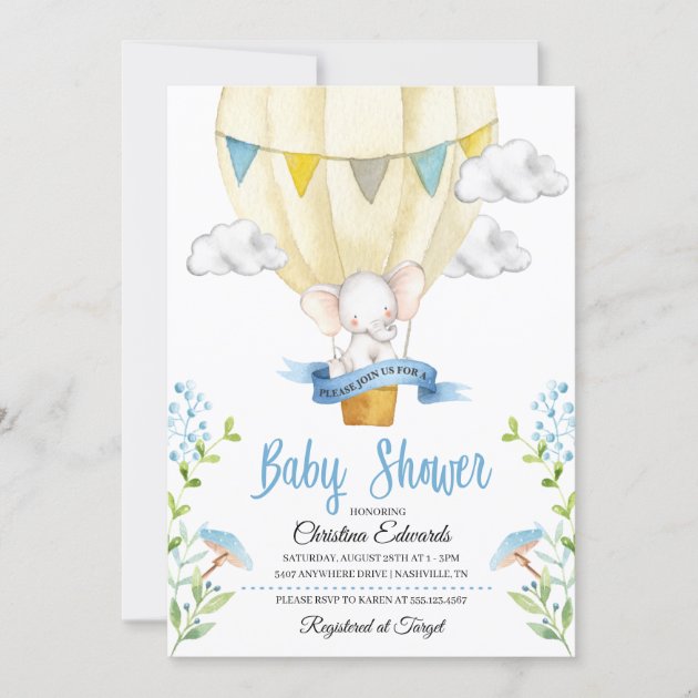 Elephant and hot air hot sale balloon baby shower invitations