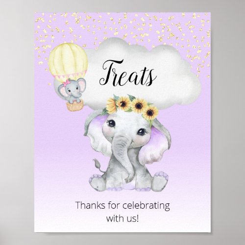 Elephant Hot Air Balloon Baby Shower Purple Treats Poster
