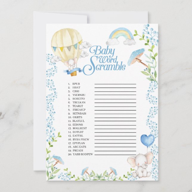 Elephant Hot Air Balloon Baby Word Scramble Game Invitation (Front)