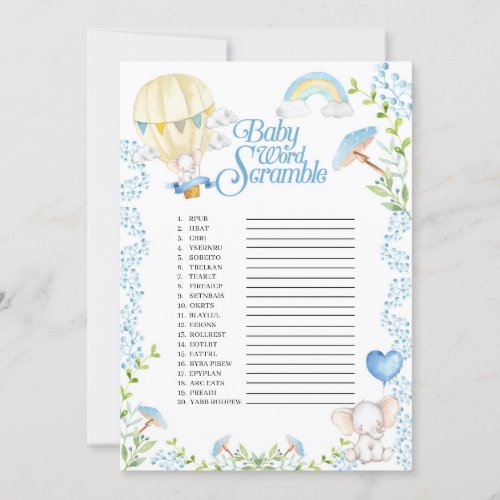 Elephant Hot Air Balloon Baby Word Scramble Game Invitation