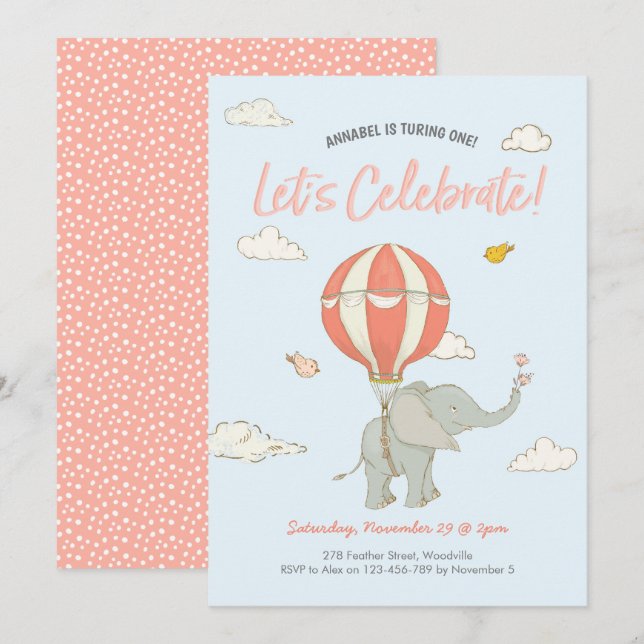 Elephant Hot Air Balloon Birthday Invitation (Front/Back)