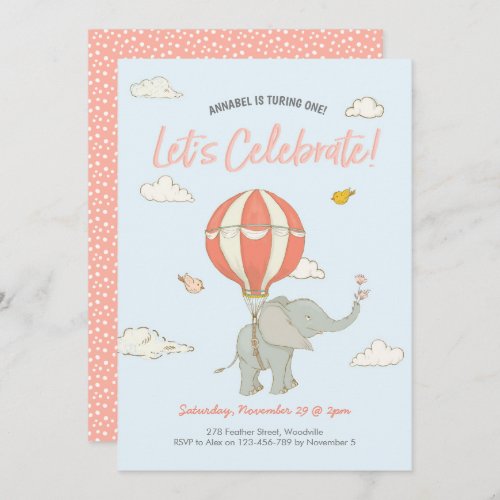 Elephant Hot Air Balloon Birthday Invitation