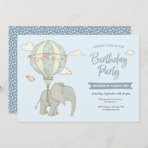 Elephant Hot Air Balloon Birthday Invitation