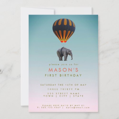 Elephant  Hot Air Balloon  Birthday Party Invitation