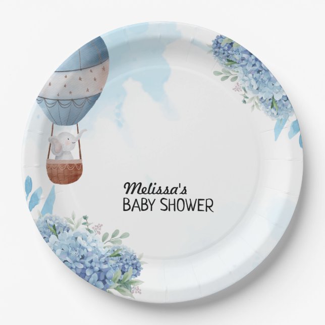 Elephant hot air balloon blue hydrangea custom paper plates (Front)
