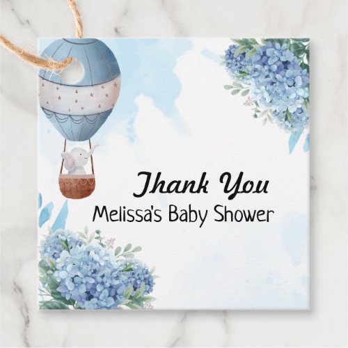 Elephant hot air balloon blue hydrangea thank you favor tags