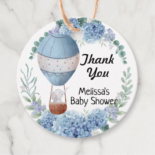 Elephant hot air balloon blue hydrangea thank you favor tags