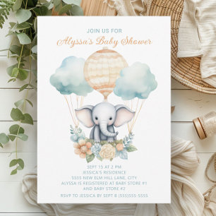 Elephant Hot Air Balloon Blue Peach Boy Invitation