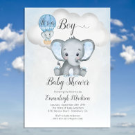 Elephant Hot Air Balloon Boy Baby Shower | Blue In Invitation