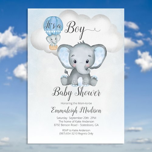 Elephant Hot Air Balloon Boy Baby Shower  Blue In Invitation