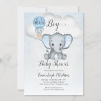 Elephant Hot Air Balloon Boy Baby Shower | Blue In Invitation
