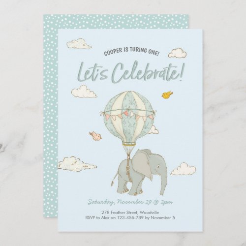 Elephant Hot Air Balloon Boys Birthday Invitation