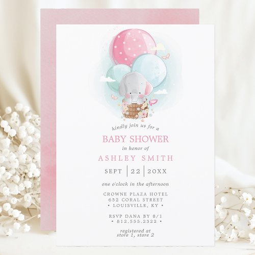Elephant Hot Air Balloon Girl Baby Shower Invitation