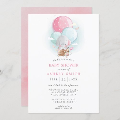 Elephant Hot Air Balloon Girl Baby Shower Invitation