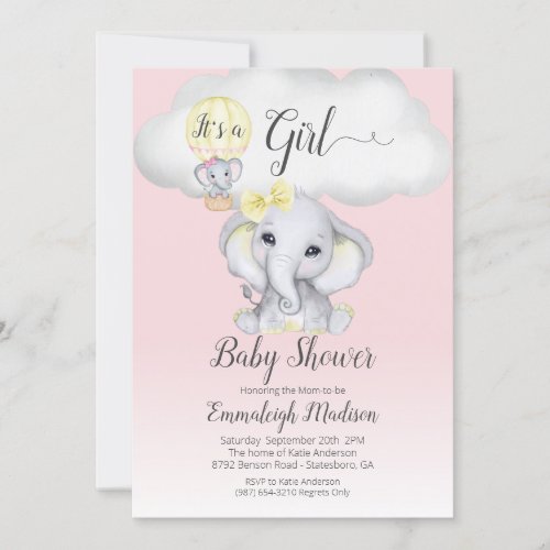 Elephant Hot Air Balloon Girl Baby Shower  Pink I Invitation