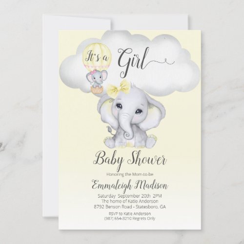 Elephant Hot Air Balloon Girl Baby Shower  Yellow Invitation