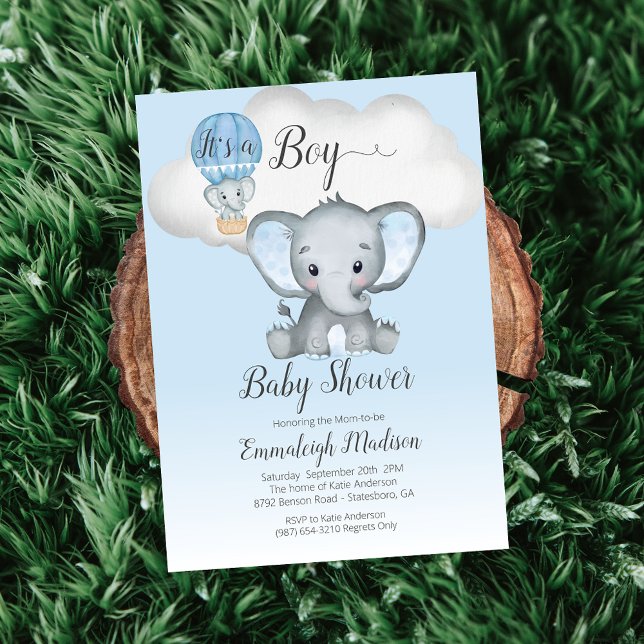 Elephant Hot Air Balloon It's a Boy Baby Shower Invitation (Creator Uploaded)