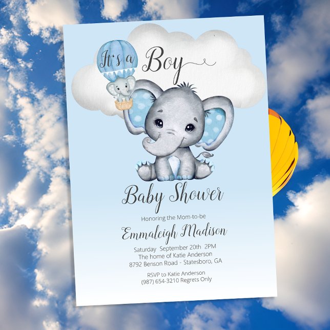 Elephant Hot Air Balloon It's a Boy Baby Shower Invitation (Creator Uploaded)
