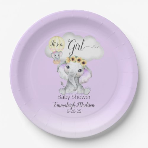Elephant Hot Air Balloon Purple Baby Shower  Paper Plates