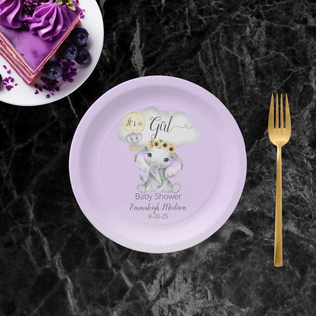Elephant Hot Air Balloon Purple Baby Shower  Paper Plates (Creator Uploaded)