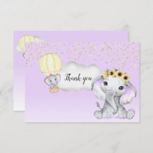 Elephant Hot Air Balloon Purple Baby Shower Thank You Card