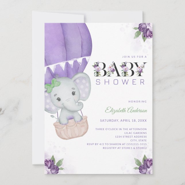 Elephant Hot Air Balloon Purple Floral Baby Shower Invitation (Front)