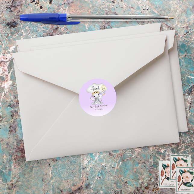 Elephant Hot Air Balloon Purple Thank You Favor  Classic Round Sticker (Creator Uploaded)