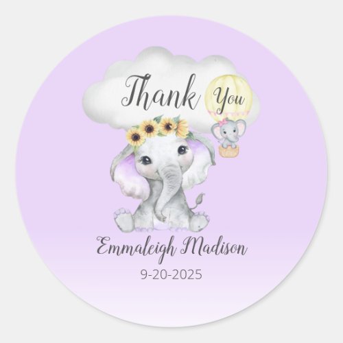 Elephant Hot Air Balloon Purple Thank You Favor  Classic Round Sticker