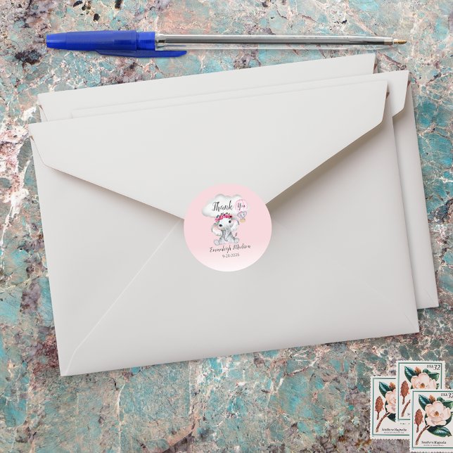 Elephant Hot Air Balloon Thank You Favor Classic Round Sticker (Creator Uploaded)