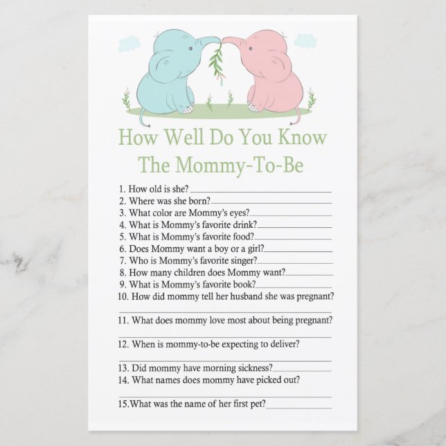 Elephant How well do you know baby shower game (Front)