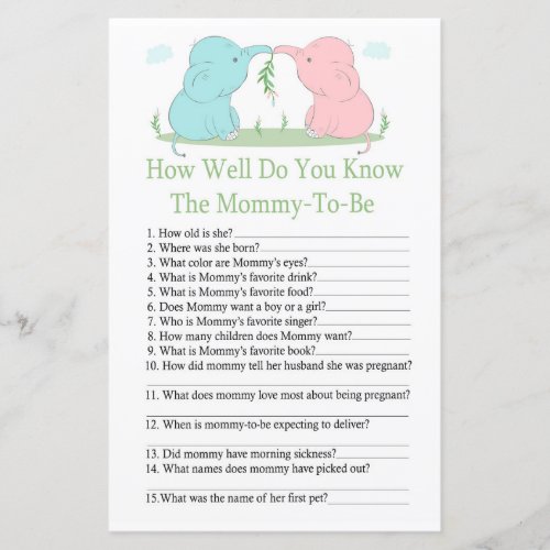 Elephant How well do you know baby shower game
