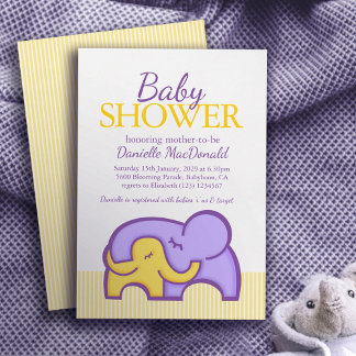 Elephant hug baby shower purple yellow invitation