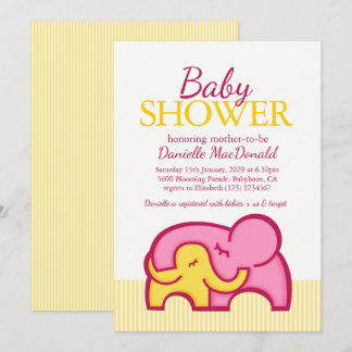 Elephant hug baby shower yellow pink invitation