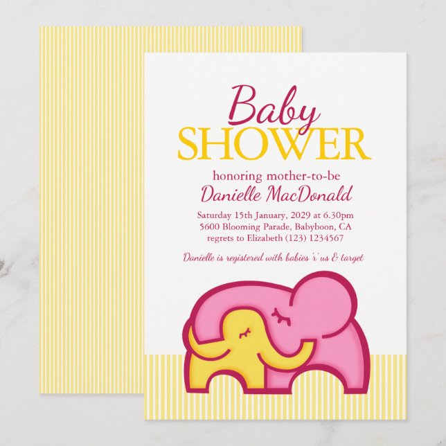 Elephant hug baby shower yellow pink invitation (Front/Back)