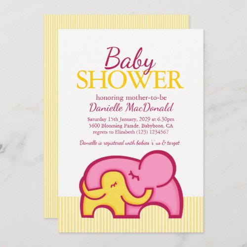 Elephant hug baby shower yellow pink invitation