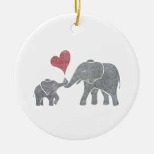 Elephant Hugs Gray Mom and Baby with Red Heart Ceramic Ornament
