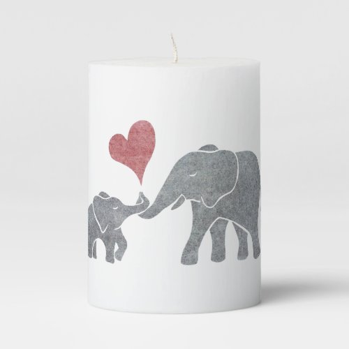 Elephant Hugs Gray Mom and Baby with Red Heart Pillar Candle