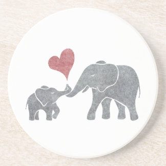 Elephant Hugs Gray Mom and Baby with Red Heart Sandstone Coaster