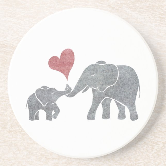 Elephant Hugs Gray Mom and Baby with Red Heart Sandstone Coaster (Front)