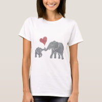 Elephant Hugs Gray Mom and Baby with Red Heart
