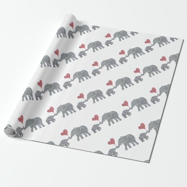 Elephant Hugs Gray Mom and Baby with Red Heart Wrapping Paper (Unrolled)