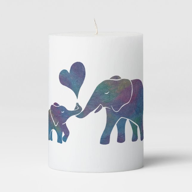 Elephant Hugs Rainbow Mom and Baby with Heart Pillar Candle (Front)