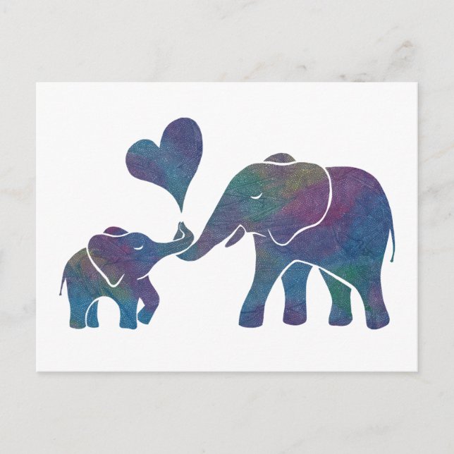 Elephant Hugs Rainbow Mom and Baby with Heart Postcard (Front)
