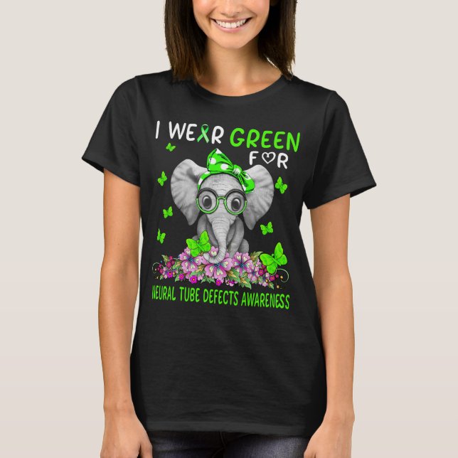 Elephant I Wear Green For Neural Tube Defects  T-Shirt (Front)