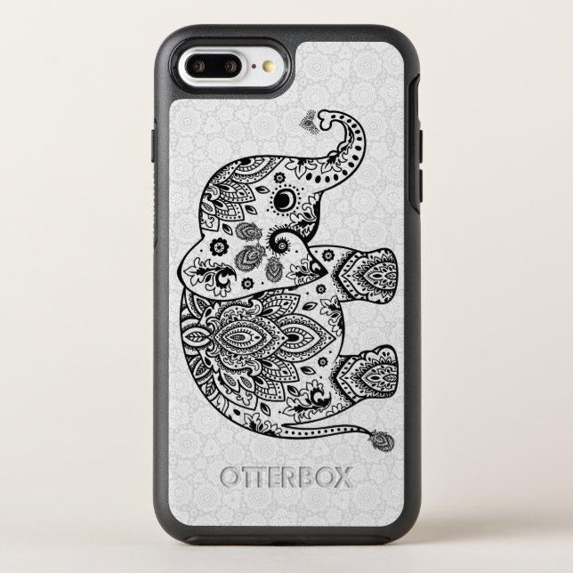 Elephant Illustration Black Vintage Paisley Otterbox iPhone Case (Back)