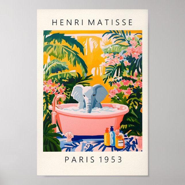 Elephant In Bathtub Funny Poster, Tropical Bathroo Poster (Front)