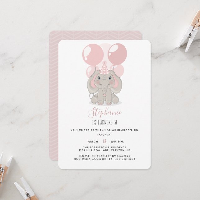 Elephant in Birthday Party Hat Invitation (Front/Back In Situ)