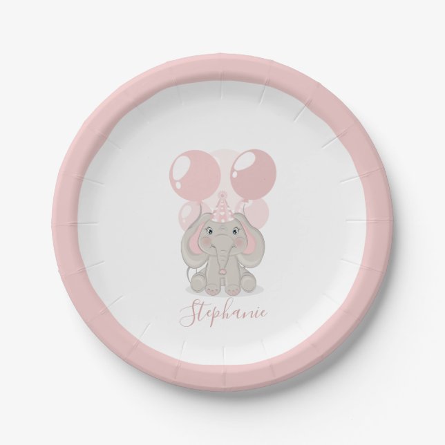Elephant in Birthday Party Hat Paper Plates (Front)